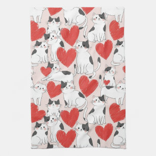 Linge De Cuisine Mignon motif chats kawaii roses et coeurs (7)