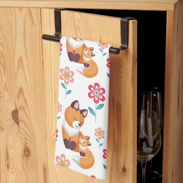 Linge De Cuisine Mignonne mère renard rouge avec bébé Fête des mère (Pliage en tiers)