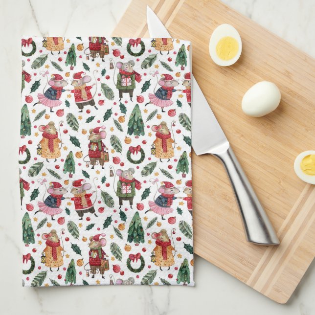 Linge De Cuisine Mignonne souris de Noël sur blanc (Quart Plié)