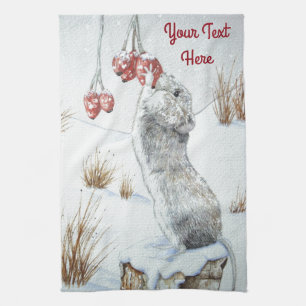 Linge De Cuisine Mignonne souris rouge baies neige scène faune