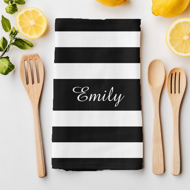 Linge De Cuisine Minialist Black & White Stripes Nom du Motif Impri (Minialist Black & White Stripes Pattern Name Print Towel)