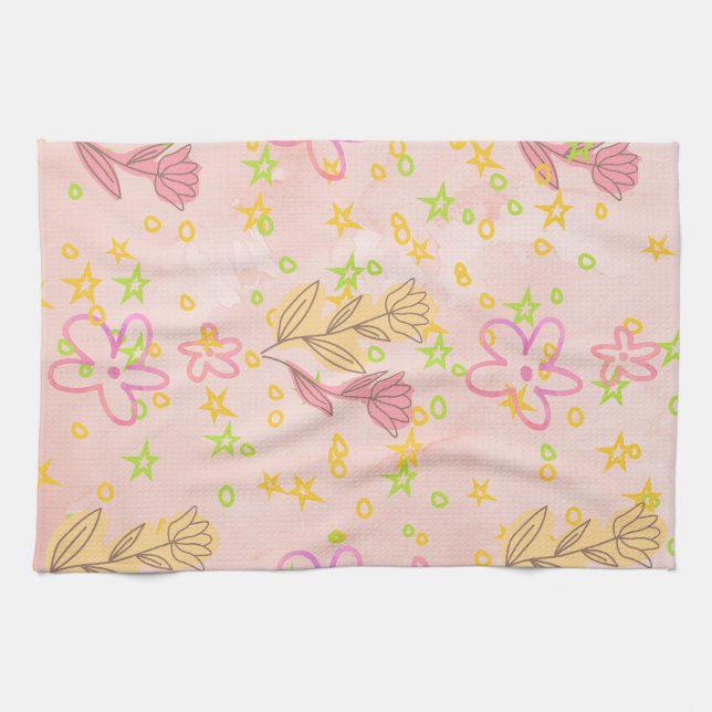 Linge De Cuisine Minimal Floral Doodle Pattern –Pastel Pink pattern (Horizontal)