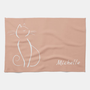 Linge De Cuisine Minimaliste Chat Blanc Sur Rose Ajouter Nom