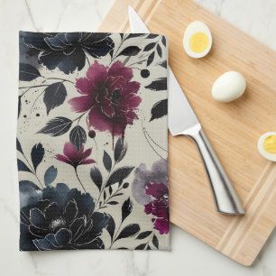 Linge De Cuisine Minuit Bleu Bourgogne Inky Floral Almond Beige
