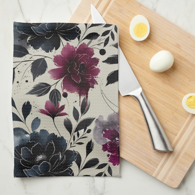 Linge De Cuisine Minuit Bleu Bourgogne Inky Floral Almond Beige (Quart Plié)