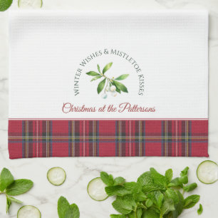 Linge De Cuisine Mistletoe Feuilles Customisé Nom de famille Noël
