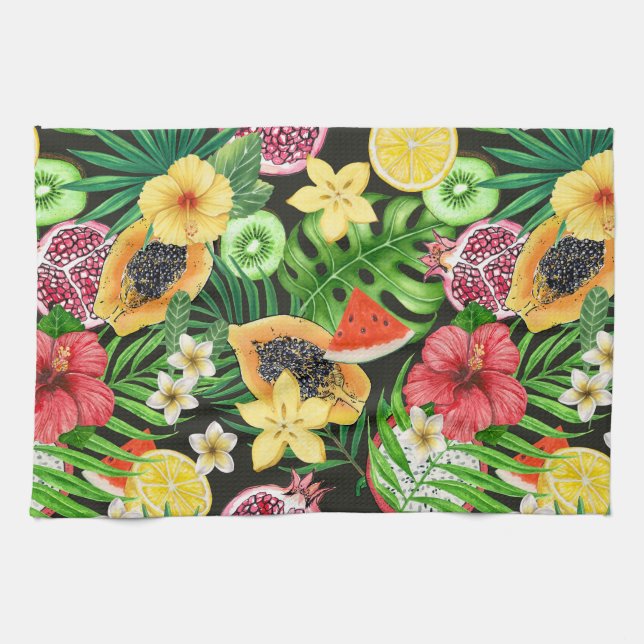 Linge De Cuisine Mix-fruits tropicaux, fleurs et feuilles en noir (Horizontal)