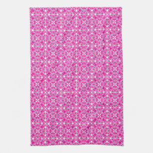 Linge De Cuisine Modèle Damas médiéval, magenta et blanc