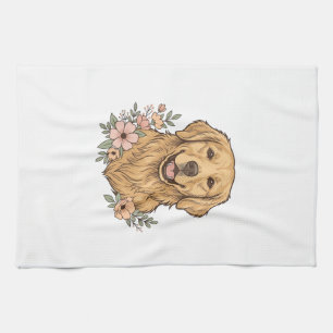 Linge De Cuisine Modèle de gravure vintage floral Golden Retriever_