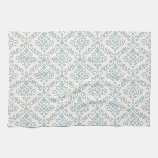 Linge De Cuisine Modèle Prima Damask bleu sur crème (Horizontal)