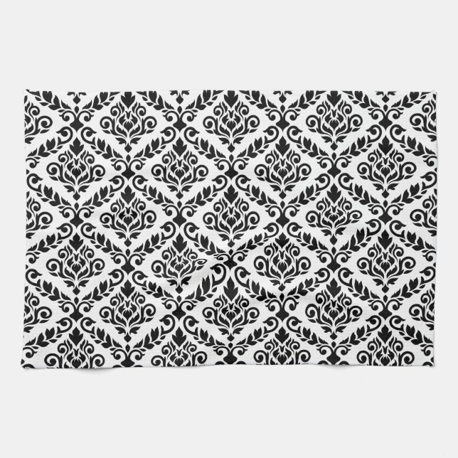 Linge De Cuisine Modèle Prima Damask noir sur blanc (Horizontal)