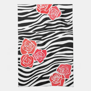Linge De Cuisine Modèle Zèbre noir et blanc + roses rouges