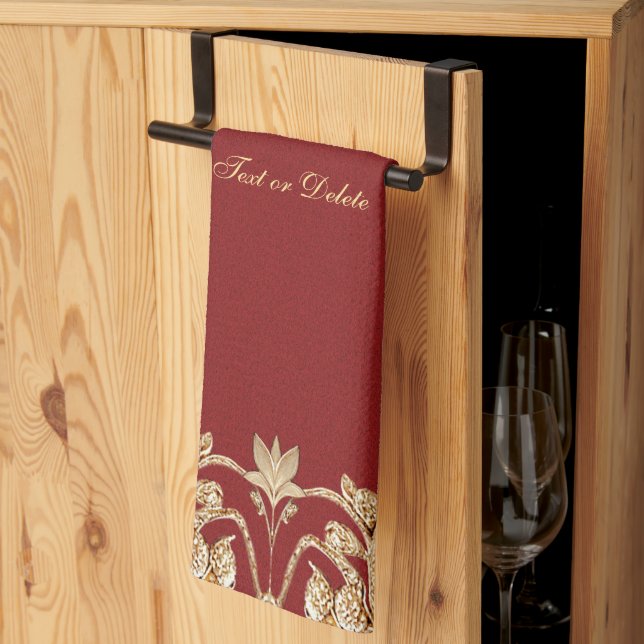 Linge De Cuisine Modern Gold Red Floral Kitchen Towels (Pliage en tiers)