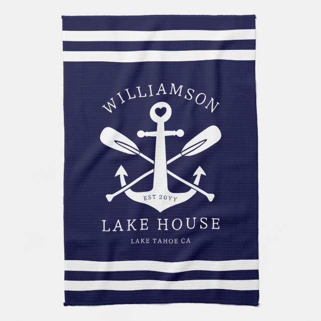 Linge De Cuisine Modern Lake House Nom de famille Marine bleue (Vertical)