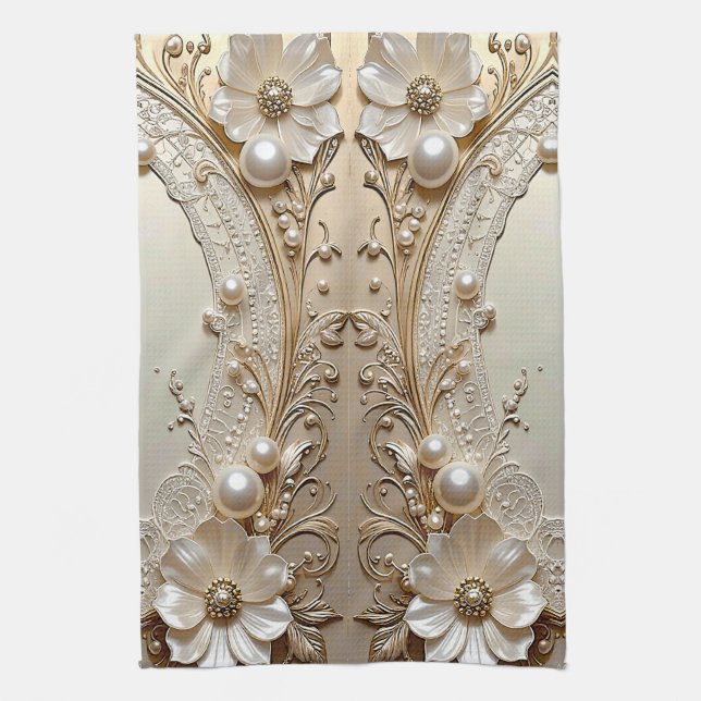 Linge De Cuisine Modern White Flowers Pearls Kitchen Towel (Vertical)