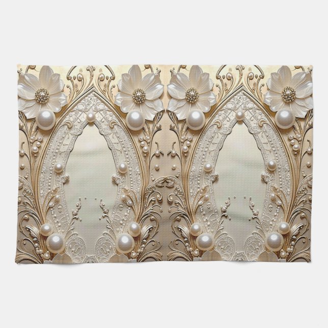 Linge De Cuisine Modern White Flowers Pearls Kitchen Towel (Horizontal)