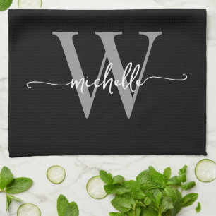 Linge De Cuisine Moderne Black Grey Personnalisé Monogramme Nom Scr