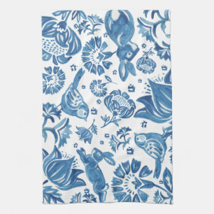 Linge De Cuisine Moderne Blue Jacobean Floral Rabbit Motif d'oiseau