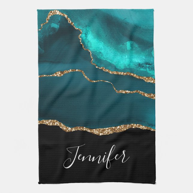 Linge De Cuisine Moderne et élégant Turquoise Agate & Gold Ribbon s (Vertical)