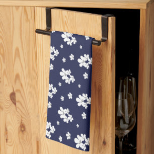 Linge De Cuisine Moderne romantique bleu marine motif fleurs blanch