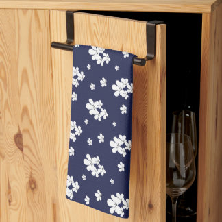 Linge De Cuisine Moderne romantique bleu marine motif fleurs blanch