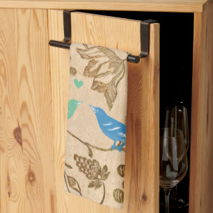 Linge De Cuisine Monnaie vintage et Inséparables Aqua motif floral