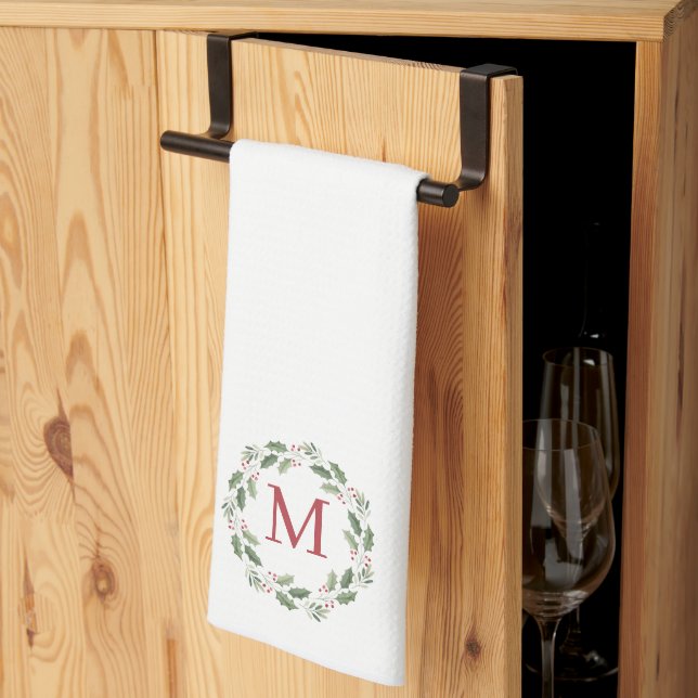 Linge De Cuisine Monogram Christmas Wreath Holly Berries Holiday (Pliage en tiers)