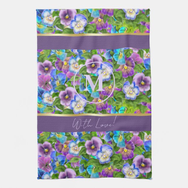 Linge De Cuisine Monogramme Anniversaire Pansy Violet Fleurs Aquare (Vertical)