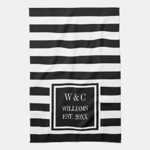 Linge De Cuisine Monogramme Black White Strip Personnalisé