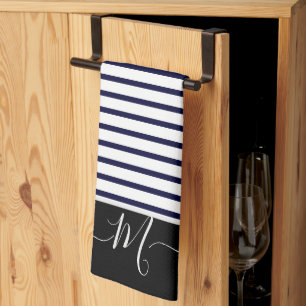 Linge De Cuisine Monogramme blanc marine rayé initial Cuisine