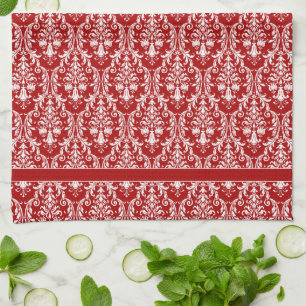 Linge De Cuisine Monogramme blanc rouge Chic Damask Floral