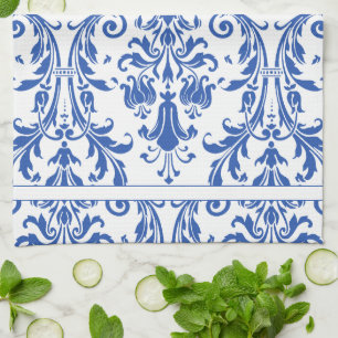Linge De Cuisine Monogramme bleu blanc floral brille Damask