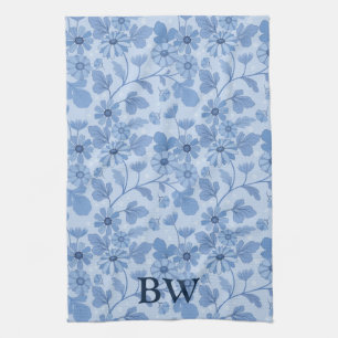 Linge De Cuisine Monogramme bleu clair et motif floral de la marine