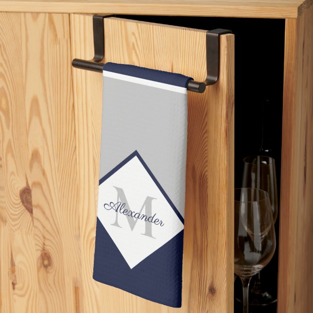 Linge De Cuisine Monogramme bleu gris marine moderne (Pliage en tiers)