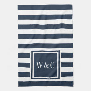 Linge De Cuisine Monogramme bleu marine blanc rayé personnalisé