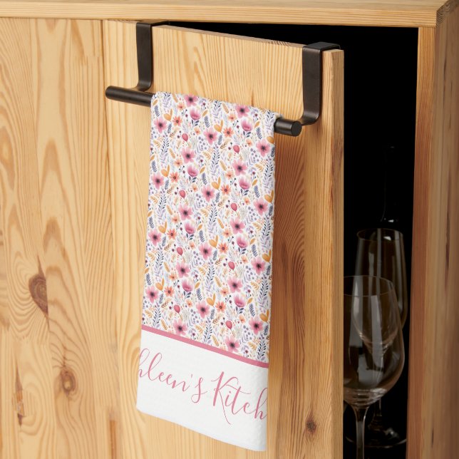 Linge De Cuisine Monogramme Boho Fleur sauvage rose violet orange b (Pliage en tiers)