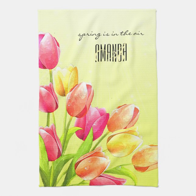 Linge De Cuisine Monogramme Bouquet Tulipes Aquarelles (Vertical)