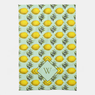 Linge De Cuisine Monogramme Citron et olive motif jaune et bleu