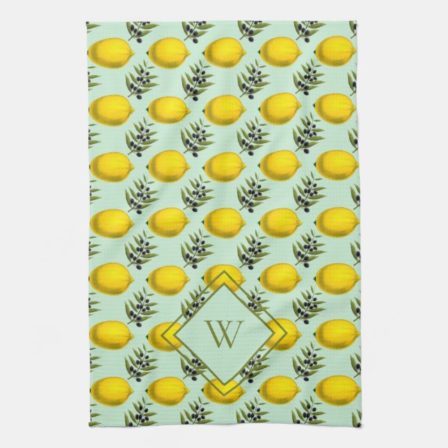 Linge De Cuisine Monogramme Citron et olive motif jaune et bleu (Vertical)