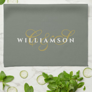 Linge De Cuisine Monogramme Couple Minimaliste Vert Olive Or Blanc