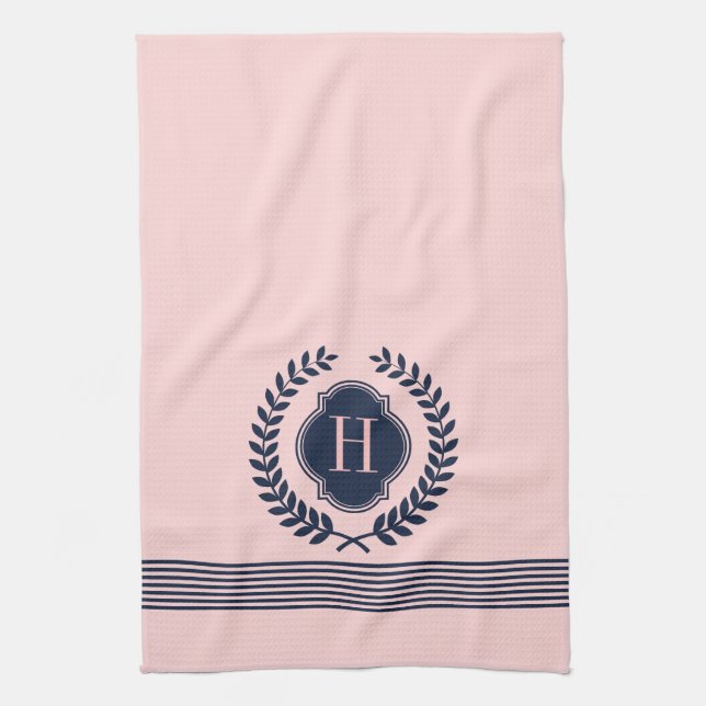Linge De Cuisine Monogramme Couronne Bleue Foncé Et Rose Et Grilles (Vertical)