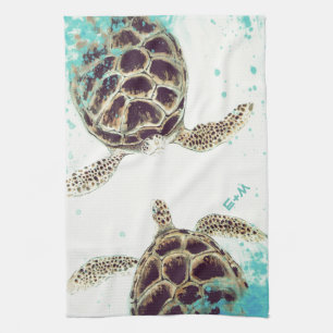 Linge De Cuisine Monogramme d'amour de tortue de mer personnalisé