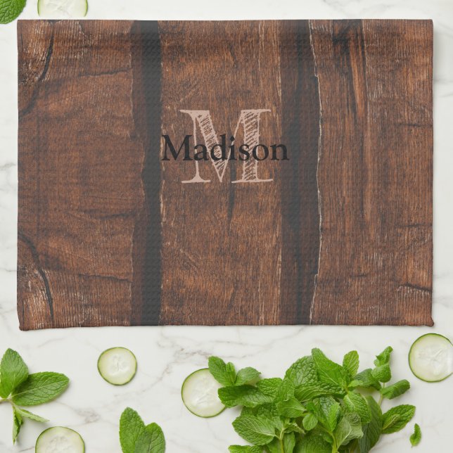 Linge De Cuisine Monogramme de bois ancien brun foncé rustique (Plié)