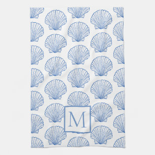 Linge De Cuisine Monogramme de coquillage bleu et blanc de coquilla