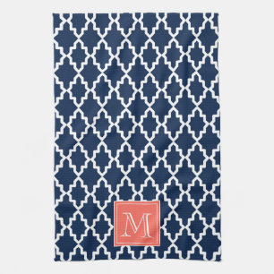 Linge De Cuisine Monogramme de corail marocain bleu marine