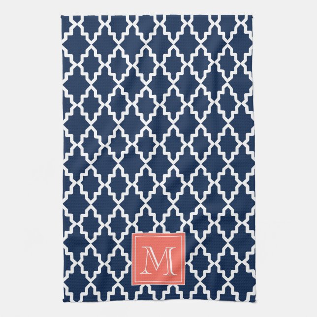 Linge De Cuisine Monogramme de corail marocain bleu marine (Vertical)