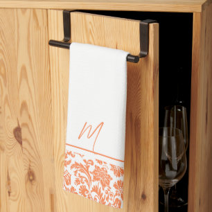 Linge De Cuisine monogramme de damas vintages orange et blanc