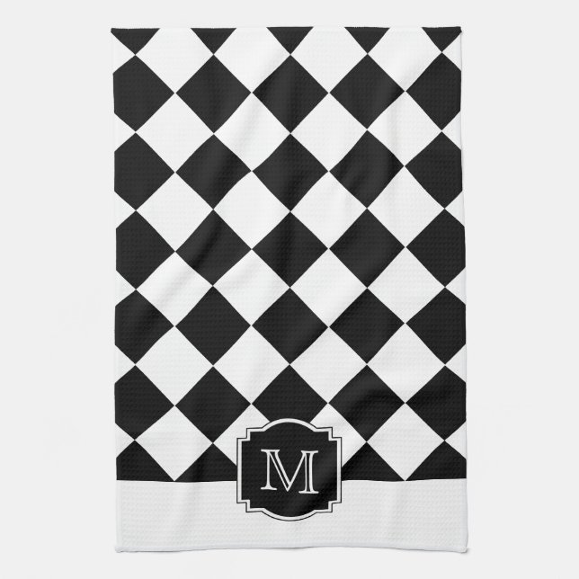 Linge De Cuisine Monogramme de diamants classiques - Blanc noir (Vertical)