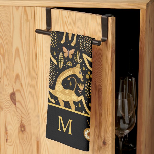 Linge De Cuisine Monogramme de girafe en or noir exotique (Pliage en tiers)