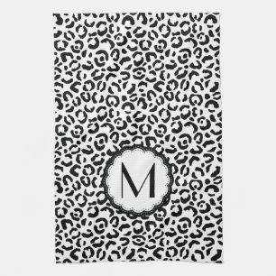 Linge De Cuisine Monogramme de léopard noir et blanc